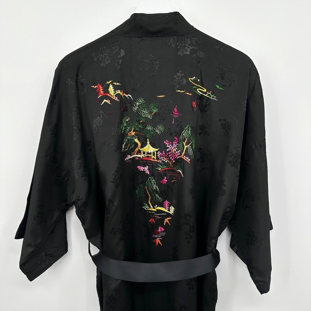 Vintage Silky Kimono Robe Large Hand Embroidered Garden Satin Golden Bee Jacquar